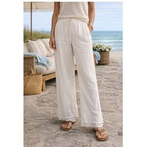 Soft Surroundings Womens Gauze Wide Leg Boho Pants Size L Cream Relaxed Beach